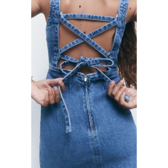 ZARA Medium Blue Cotton Denim Lace Up Back Mini Dress, Size M - Picture 12 of 13